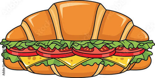 A delicious croissant sandwich illustration showcases layers of fresh lettuce, juicy tomatoes, and melted cheese, perfect for food lovers and culinary designs with a cartoon style.