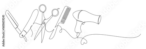 Continuous line drawing of scissors and comb for hair cutting 14