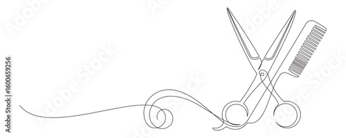 Continuous line drawing of scissors and comb for hair cutting 12