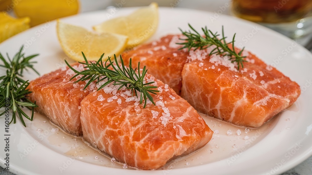 Raw fish steaks adorned with sea salt, lemon, and rosemary, set for cooking Raw fish steaks adorned with sea salt, lemon, and rosemary, set for cooking