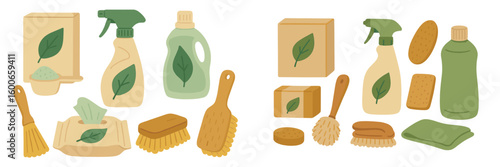 Various eco-friendly cleaning supplies arranged neatly with green branding elements showcasing a sustainable lifestyle approach