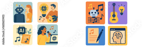 Illustrations of artificial intelligence and creativity showcased in various artistic activities and learning environments