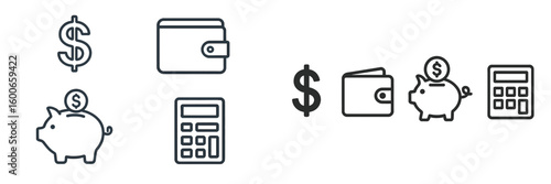 Financial symbols including dollar signs, a wallet, a piggy bank, and a calculator represent money management concepts for budgeting