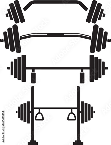 A set of vector hand cursors interacting with isolated 3D fitness gym equipment like dumbbells, weights, and barbells for strength training and exercise