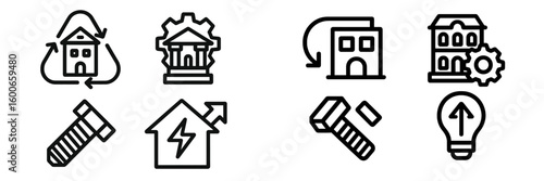 Icons representing sustainable construction practices, energy efficiency, and home renovation processes in modern design elements