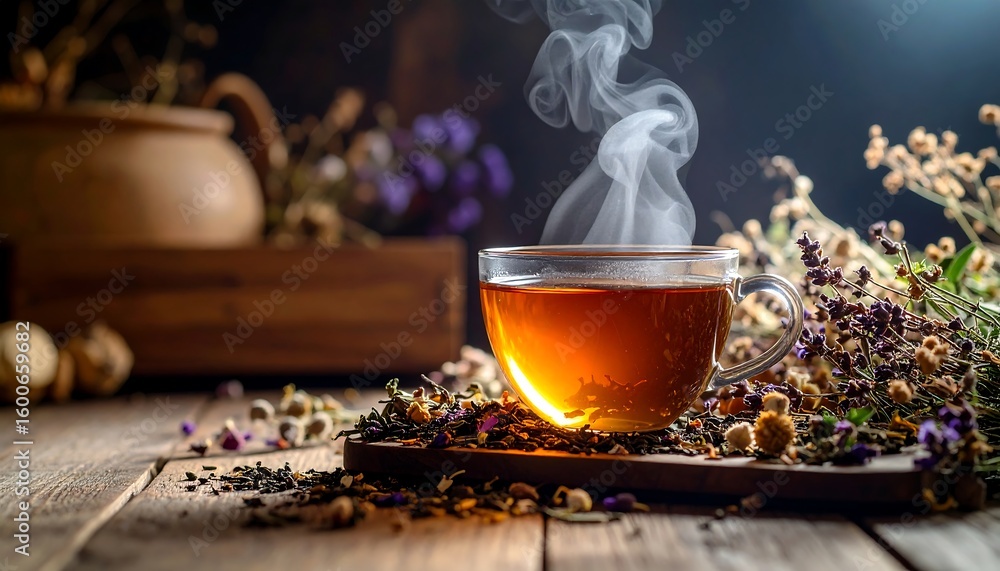Fototapeta premium Steaming herbal tea in glass cup, surrounded by dried flowers and herbs on rustic wooden table