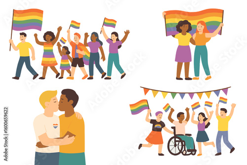 LGBTQ+ community celebrates pride with joyful parades and inclusive gatherings in a vibrant setting