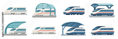 Variety of modern trains and stations illustrated in a clean, minimalist style representing efficient transportation systems