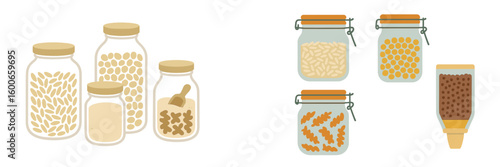 Various jars filled with different grains, seeds, and powders in a minimalist kitchen setup during daylight hours