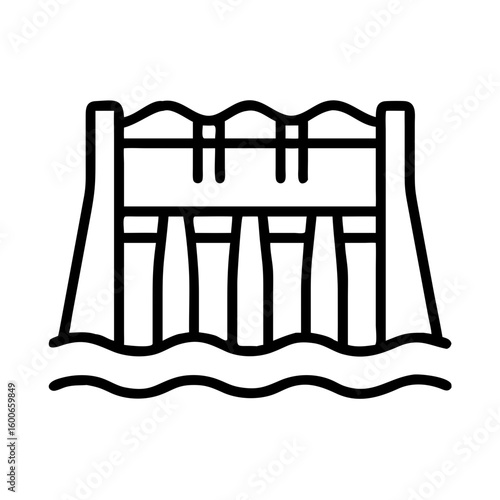 Vector art of a black and white outline illustration of a hydroelectric dam with multiple gates releasing water into a flowing river below