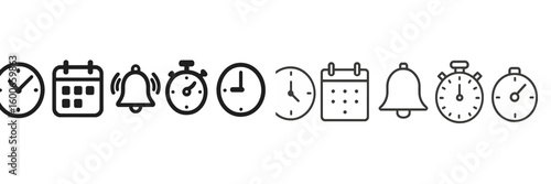 Collection of various clock and timer icons arranged in a neat line on a white background showcasing time management concepts