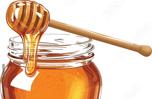 Golden honey drips from a wooden dipper into a clear glass jar, showcasing the sweet treat's rich color and texture, perfect for illustrating natural food or healthy eating concepts.