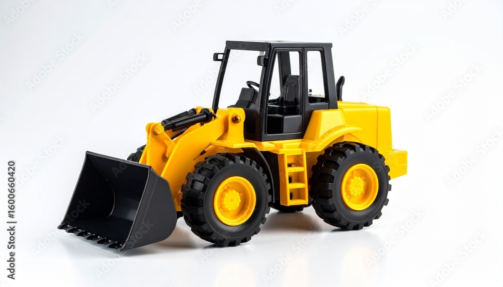 Fototapeta premium A yellow and black toy bulldozer rests idle—its treaded wheels exaggerated, its front loader frozen mid-scoop. Plastic power distilled into childhood scale, it’s less a machine than a memory container