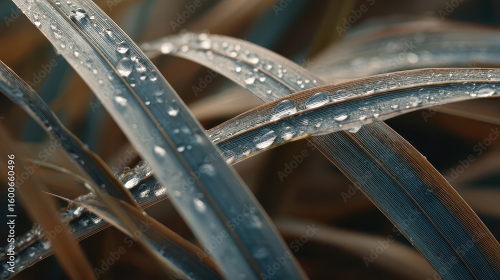 Naklejka premium Delicate blades of grass covered in dew drops.