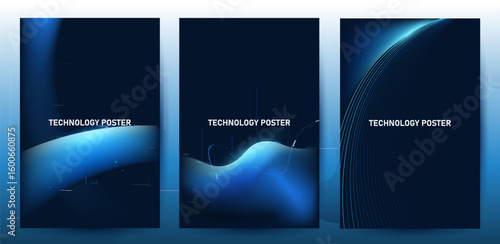 Tech poster set. Futuristic digital blue wave line. glowing lines innovation background for tech event poster or presentation product business