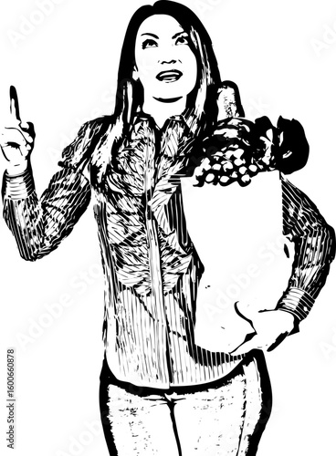 Woman hold shopping bag with food looking up