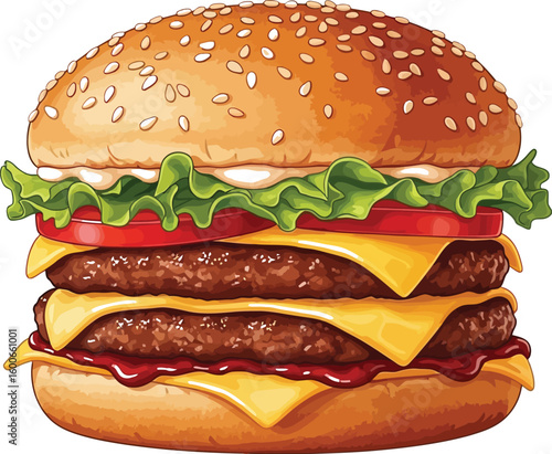 A delicious double cheeseburger illustration showcases layers of juicy patties, melted cheese, fresh lettuce, and ripe tomato slices, topped with a sesame seed bun, perfect for food lovers.