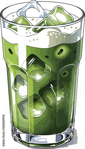 Refreshing matcha latte illustration showcases a tall glass filled with vibrant green tea, ice cubes, and a creamy foam topping, perfect for beverage and cafe themes.