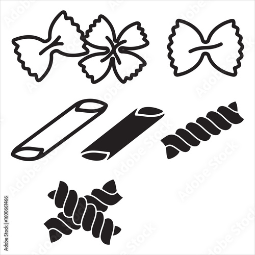 Collection of popular pasta shapes in black and white outline style