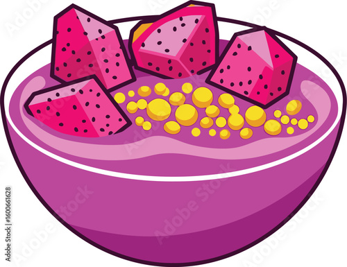 A vibrant bowl of dragon fruit smoothie, featuring chunks of pink pitaya and golden tapioca pearls, offers a refreshing and visually appealing treat in a cartoon style.