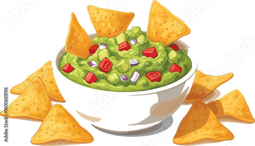 Delicious guacamole in a white bowl surrounded by crispy tortilla chips presents a vibrant and appetizing scene, perfect for illustrating Mexican cuisine and healthy snacking options.