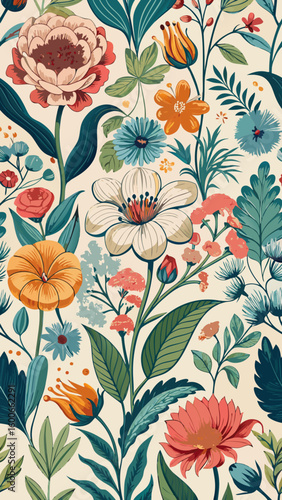Wallpaper Mural Vector art of a vibrant and artistic floral pattern featuring a variety of blooming flowers and lush green leaves in a vintage style Torontodigital.ca