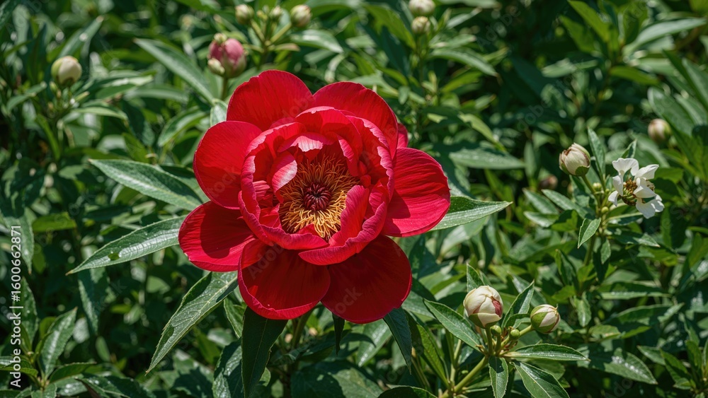 Obraz premium Scarlet bloom of ornamental tree peony, nectar source in the yard
