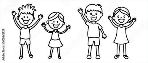 Charming doodle style illustration of a happy boy and girl waving hello isolated on a clean white background for children s projects