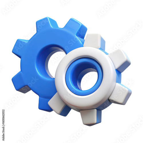 Two interlocking 3d rendered gears one blue and one white symbolizing teamwork and mechanical connection isolated on transparent background