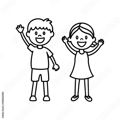 Charming doodle style illustration featuring a happy smiling boy and girl waving hello on a clean white background perfect for children s themes