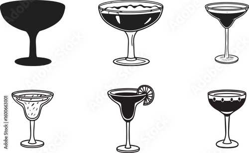 simple margarita glass vector, black and white glass icon illustration, margarita glass clip art illustration.