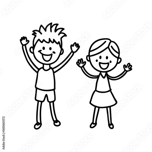 Charming doodle style illustration of a happy stick boy and girl waving hello isolated on a clean white background for children s designs