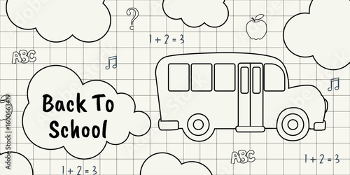 Back to school banner with school bus, doodle clouds, math symbols on grid paper background. Hand drawn cartoon style illustration for classroom posters, educational flyers, school reopening designs.