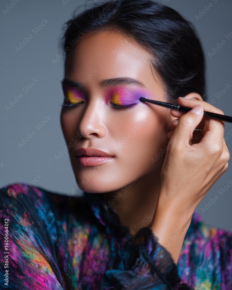 Obraz premium Model applies vibrant eye makeup using bold colors in a studio setting during a beauty photoshoot