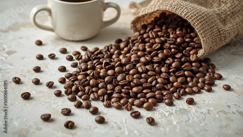 Cup of fresh coffee accompanied by raw beans