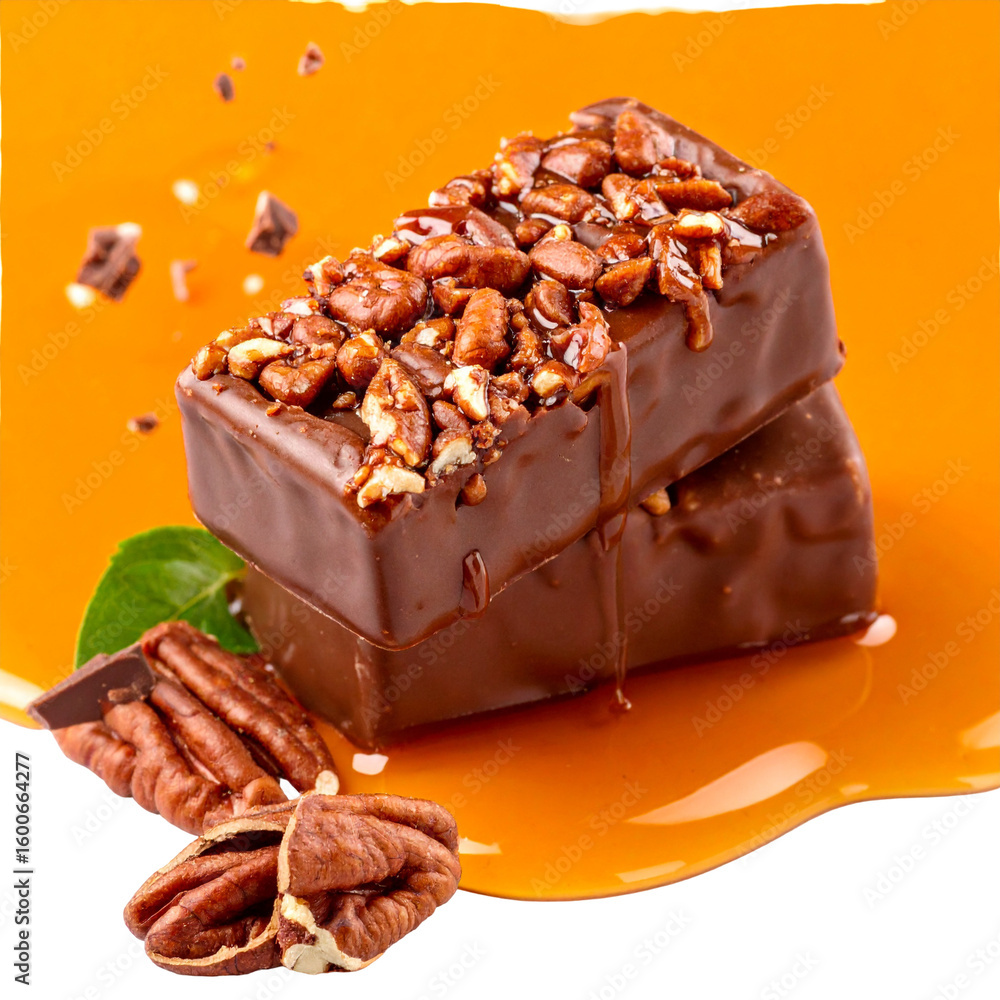 Stacked chocolates with nuts close up on orange surface delicious gourmet treat sweet confection perfect for culinary arts baking snack recipe menu and advertisement Stacked chocolates with nuts close up on orange surface delicious gourmet treat sweet confection perfect for culinary arts baking snack recipe menu and advertisement
