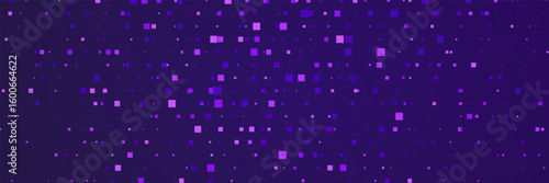 Digital pixel frame. Glitch background. Glowing purple squares on dark bg. Abstract tech banner. Finance grid. Business blue mosaic. Futuristic, tech-style template. Vector Illustration