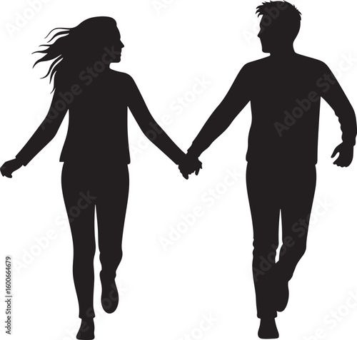 Silhouette Couple Running Hand in Hand: A silhouette of a couple, hand in hand, engaged in a joyful run, representing love, freedom, and a shared journey. 
