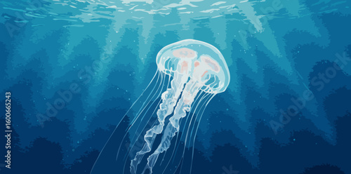 Bioluminescent jellyfish peacefully swimming in deep blue ocean with sun rays from above