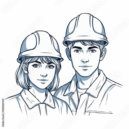 Young male and female engineers wearing hard hats representing teamwork and safety [with copy space]