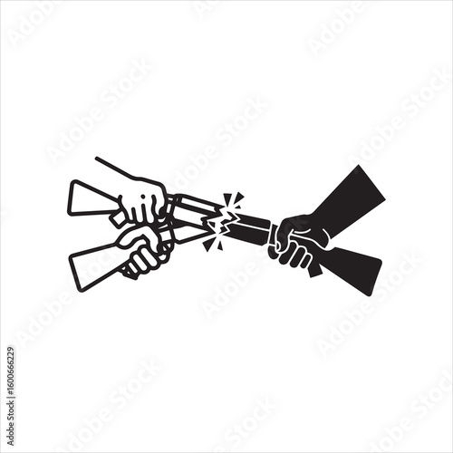 Hands tugging on a broken object symbolizing conflict and division