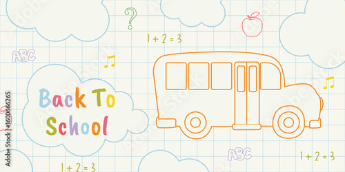 Back to school banner with school bus, doodle clouds, math symbols on grid paper background. Hand drawn cartoon style illustration for classroom posters, educational flyers, school reopening designs.