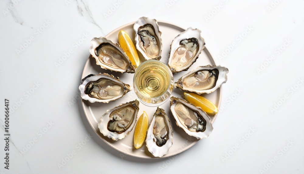 Fresh Oysters on a Plate with White Wine Luxury Seafood Platter. Fresh Oysters on a Plate with White Wine Luxury Seafood Platter.