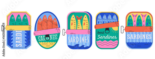 Set of canned sardines. Canned seafood. Mediterranean italian food. Vector illustration in trendy flat style