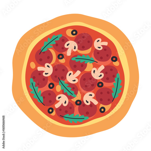 Pizza with tomatoes, mushrooms, arugula, cheese, black olives and salami top view. Tasty hand drawn Italian pizza. Vector illustration in trendy flat style