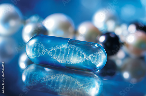 Capsule with DNA Strand Inside, Set Against a Background of Pearls