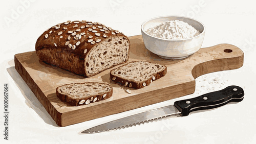 Umber SlicesThinly sliced dark brown bread On a wooden cutting boardisolated watercolor vector illustration svg