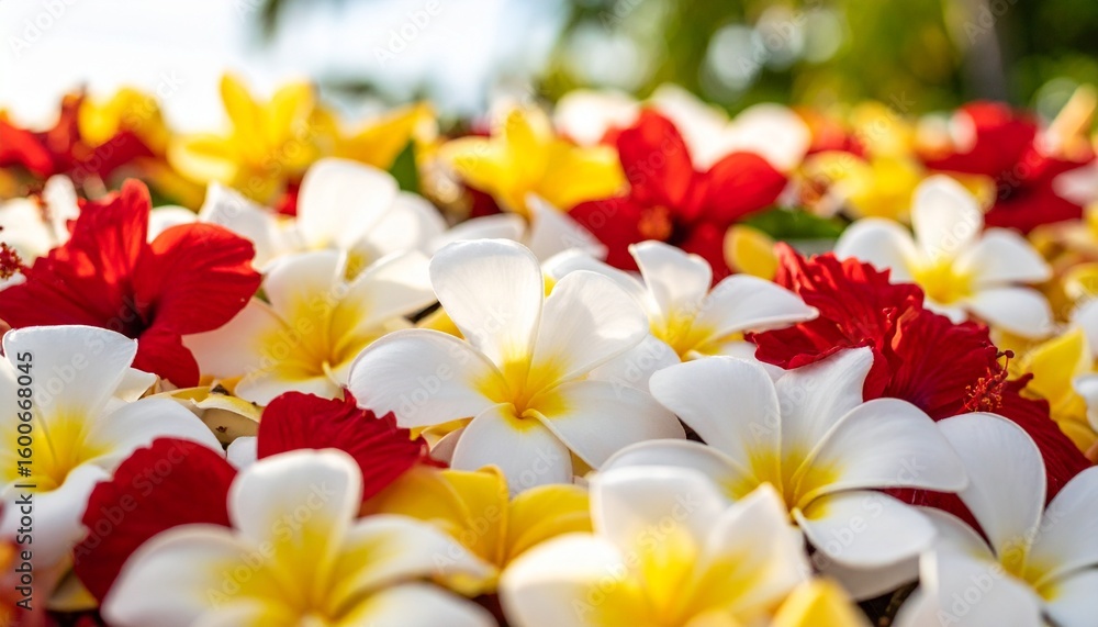 Fototapeta premium Red and yellow, and red and white frangipani flowers