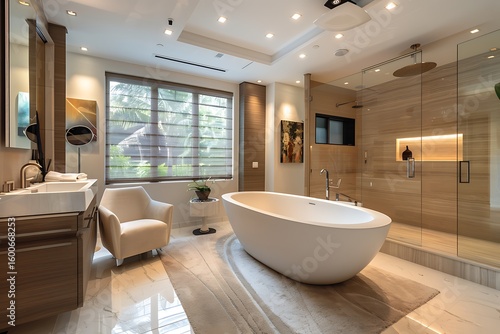Modern luxury bathroom interior with bathtub, shower, and elegant design elements for relaxation