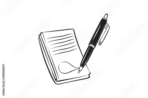 Simple Illustration of a Pen Signing a Document or Taking Notes on a Notepad in Black and White Style, Art & illustration